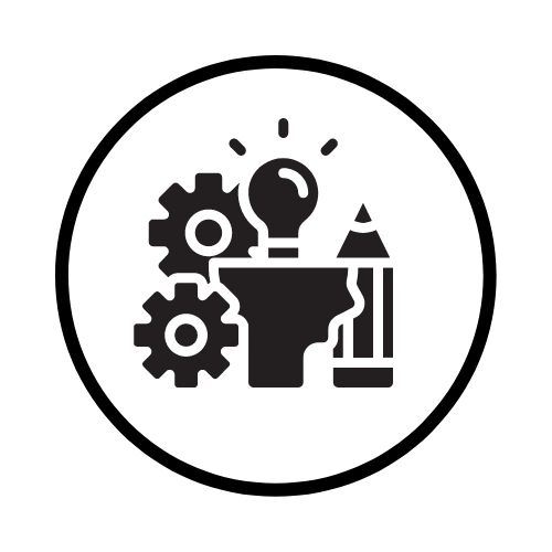 Pictures of an idea lightbulb, gears, and a pencil in a circle